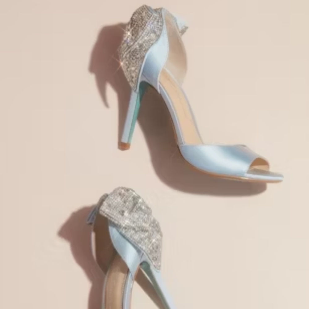 Betsy Johnson x Davids Bridal Satin Baby Blue Rhinestone Bow Back Heels Size 10
